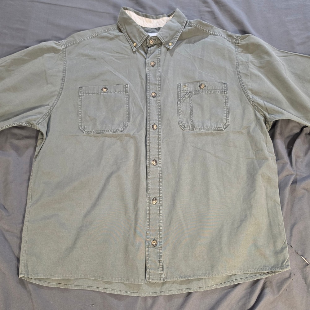 Carhartt Mens 2XL Olive Green Cotton Canvas Button Down Work Shirt Long Sleeve